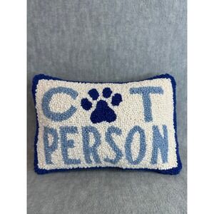 Accent Pillow Cat Person Hooked Wool Blue Cream 12x8 NEW Peking Handicraft